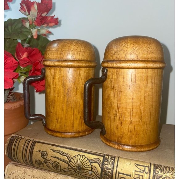 Vintage Mid Century Modern Chunky Wood Salt & Pepper Shakers with Iron Handles - Picture 2 of 9